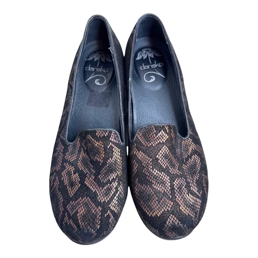 DANSKO Olivia Snakeprint Leather Loafers Slip-on Metallic Black & Brown Size 37